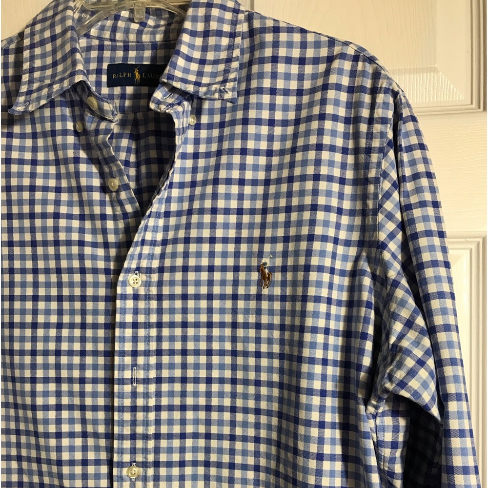 Ralph Lauren Men's Blue and White Check Button-Down Shirt L